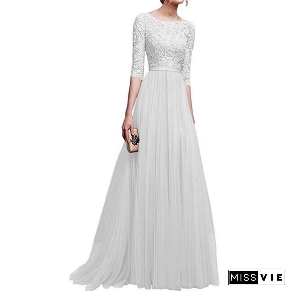 Women Long Sleeve Elegant Lace Long Dress Women A Line Tulle Party Prom Long Dress Wedding Dress Asian Size S-2XL