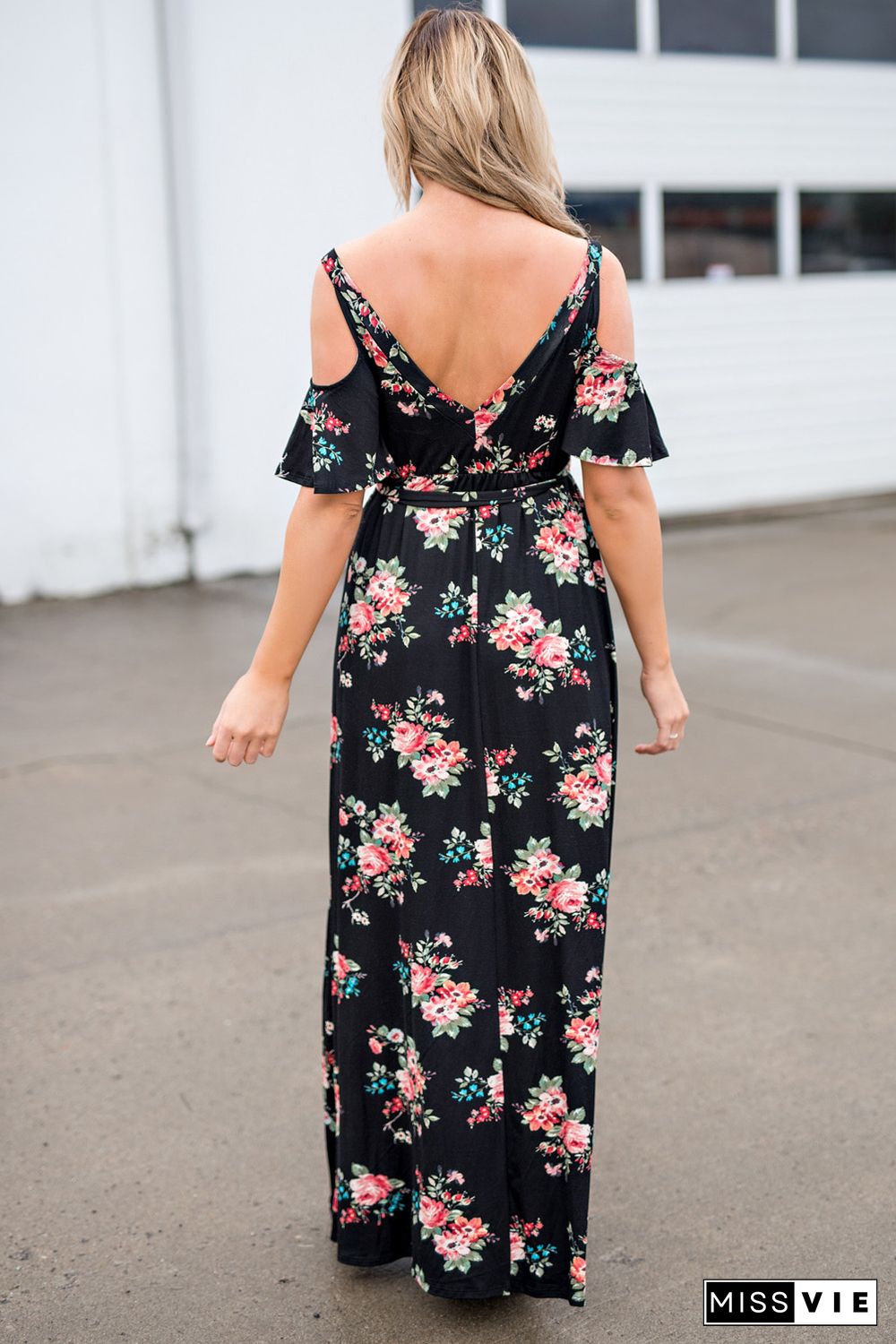 Black Cold Shoulder High Waist Floral Dress with Belt