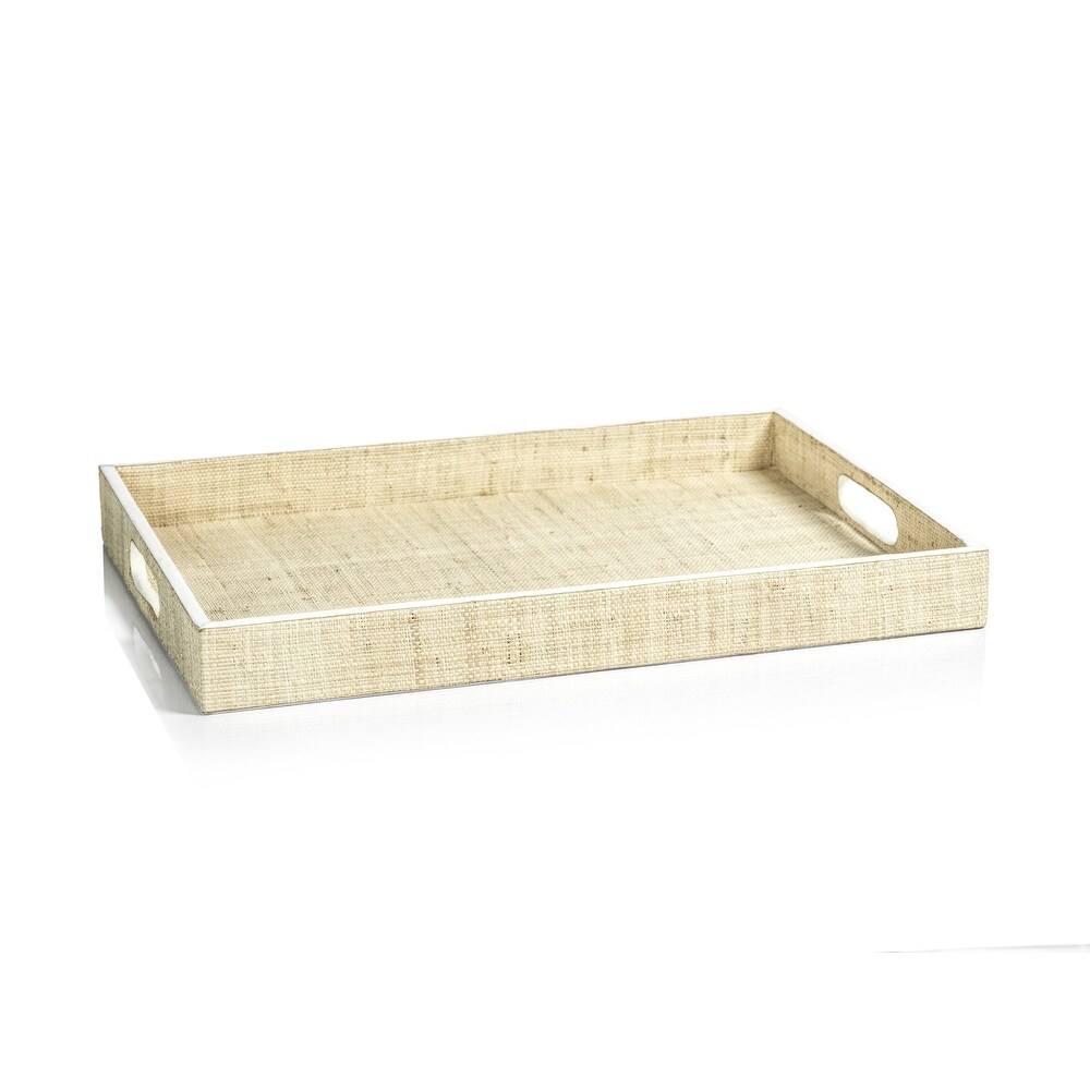 Reggio Natural Fiber Raffia Tray with Leather Trim