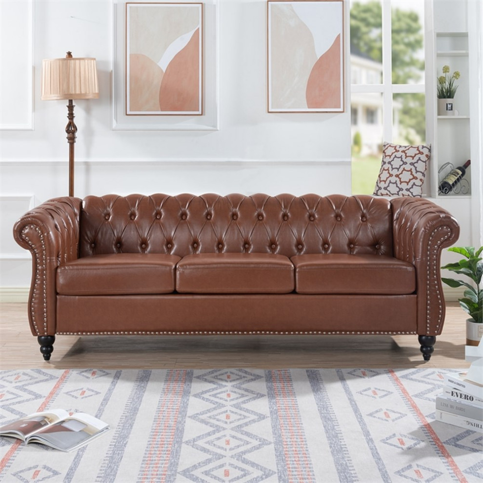 CRO Decor 84  x27BROWN PU Rolled Arm Chesterfield Three Seater Sofa Brown   Traditional   Sofas   by Homesquare  Houzz