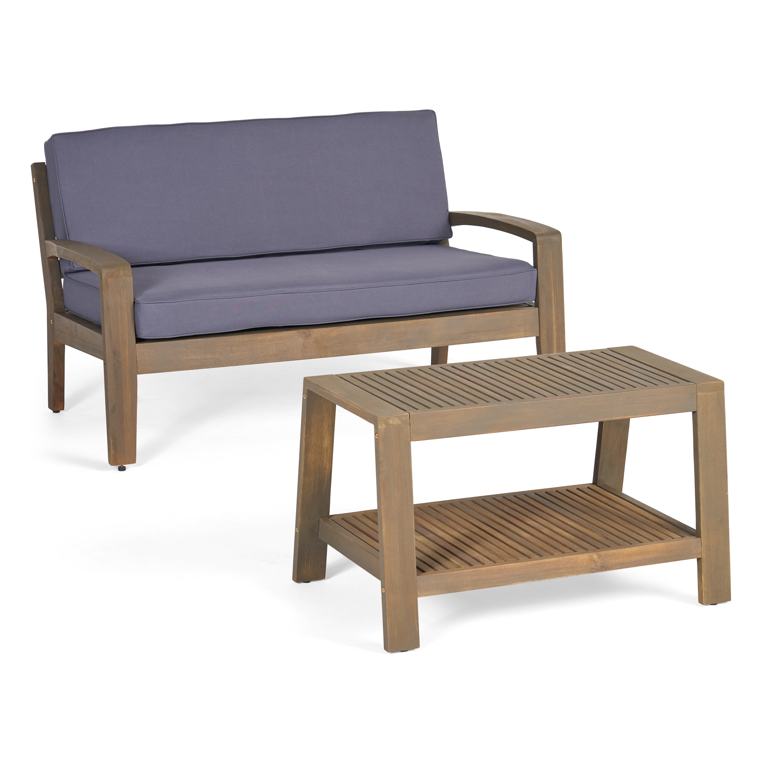 Christian Outdoor Acacia Wood Loveseat and Coffee Table Set with Cushions