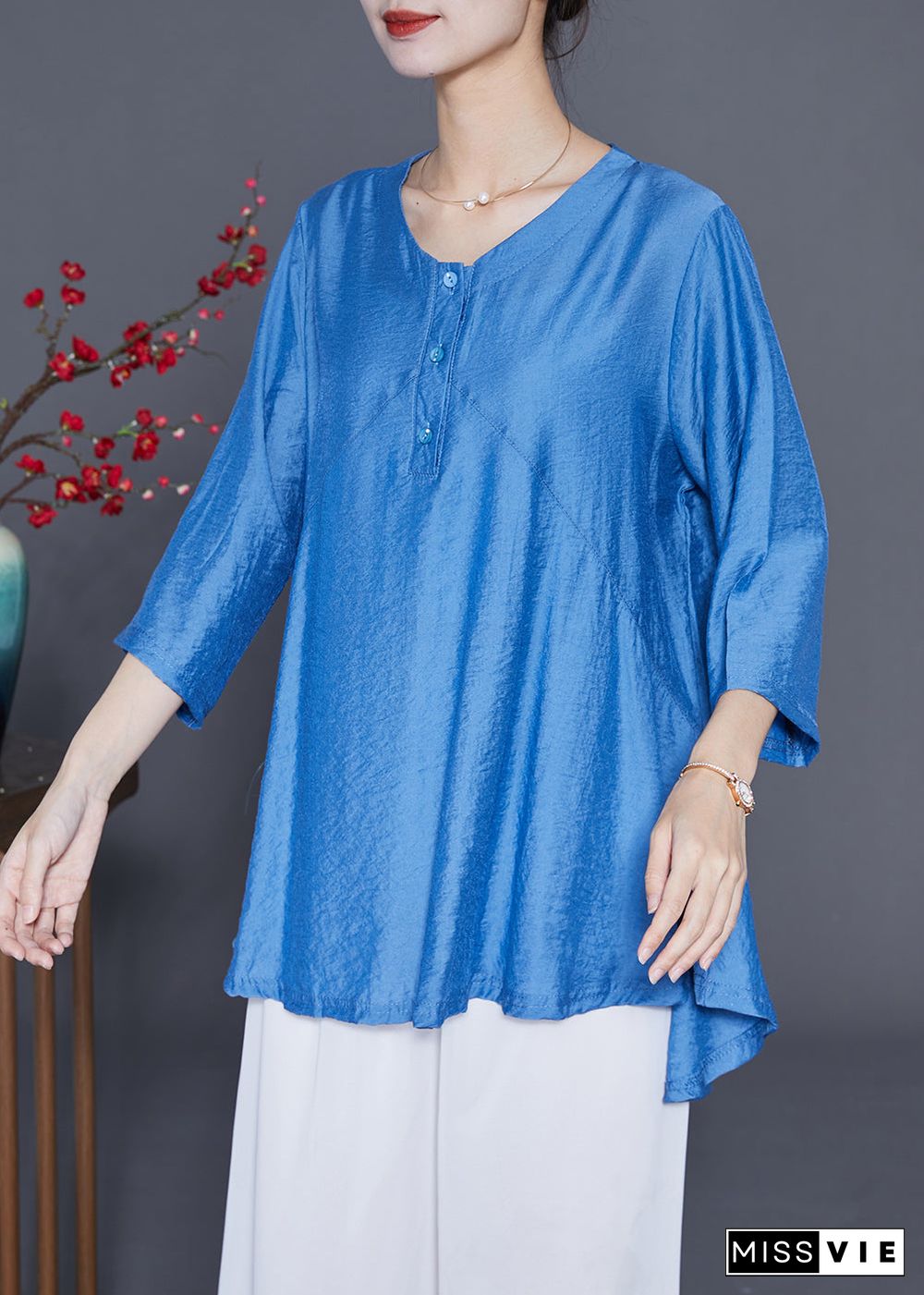 Blue Patchwork Silk Blouse Top Oversized Bracelet Sleeve