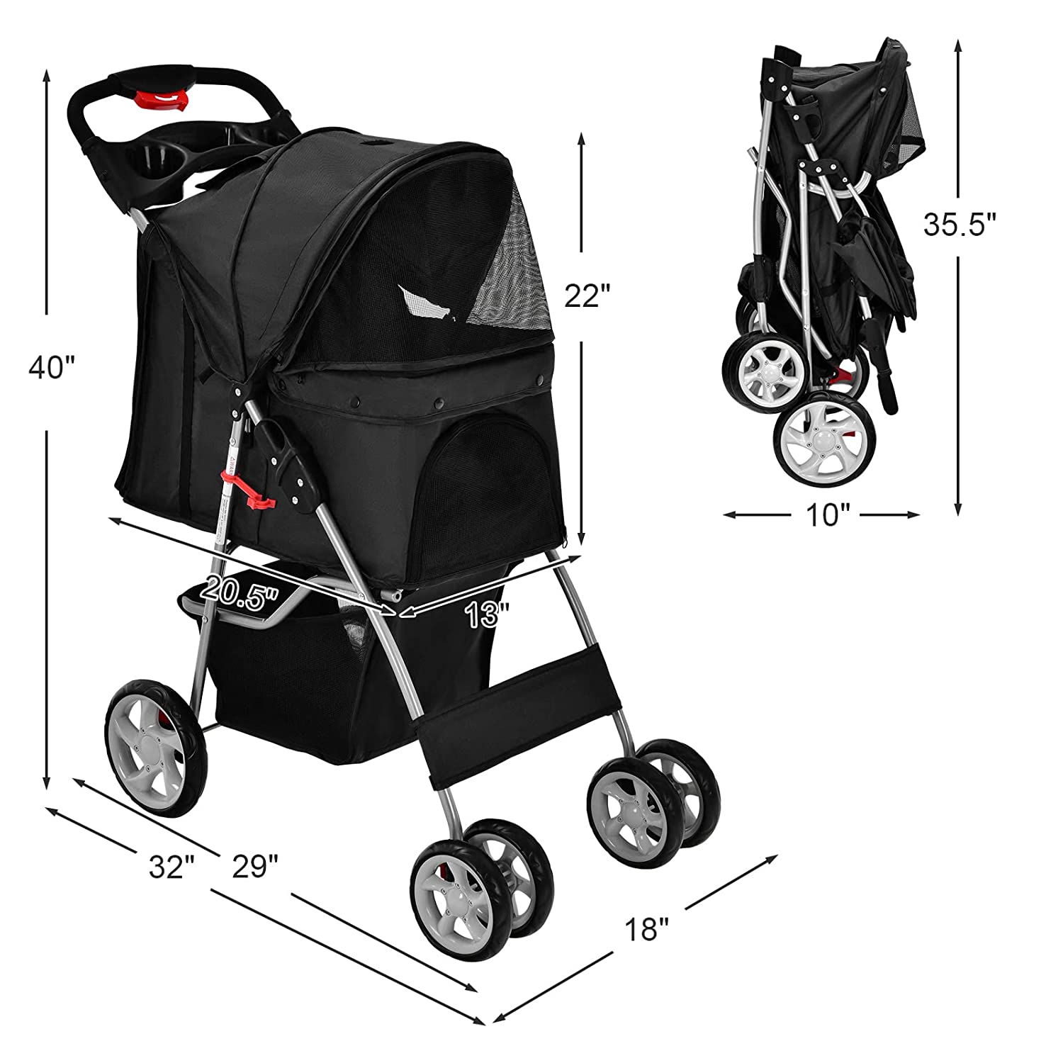 Folding Dog Stroller， Pet Stroller for Small Medium Dogs Cats Puppy， 4 Lockable Wheels Cat Stroller Travel Carrier Strolling Cart with Safety Belt， Removable Liner and Storage Basket (Black)