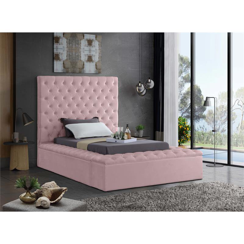 Meridian Furniture Bliss Solid Wood Tufted Velvet Twin Bed in Pink