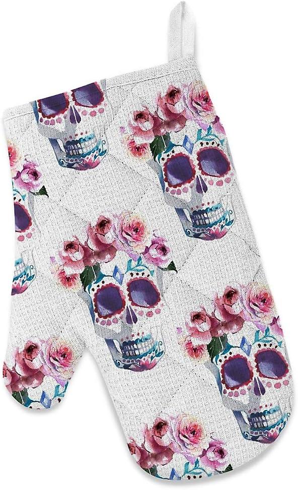 Insulation Kitchen Oven Mitts Potholder Apron 3pcs Set Floral Skull With Roses Wreath Non Slip Heat Resistant Gloves For Baking Cooking Bbq