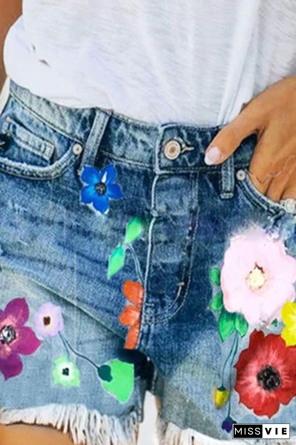 Flower Printed Fringed Denim Shorts P12035