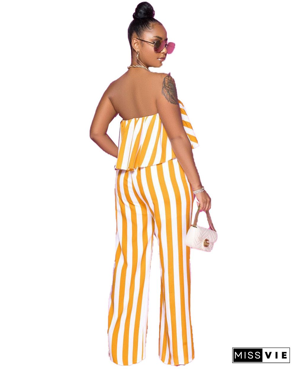 Striped Strapless Crop Tops Wide Leg Long Pants 2PCS