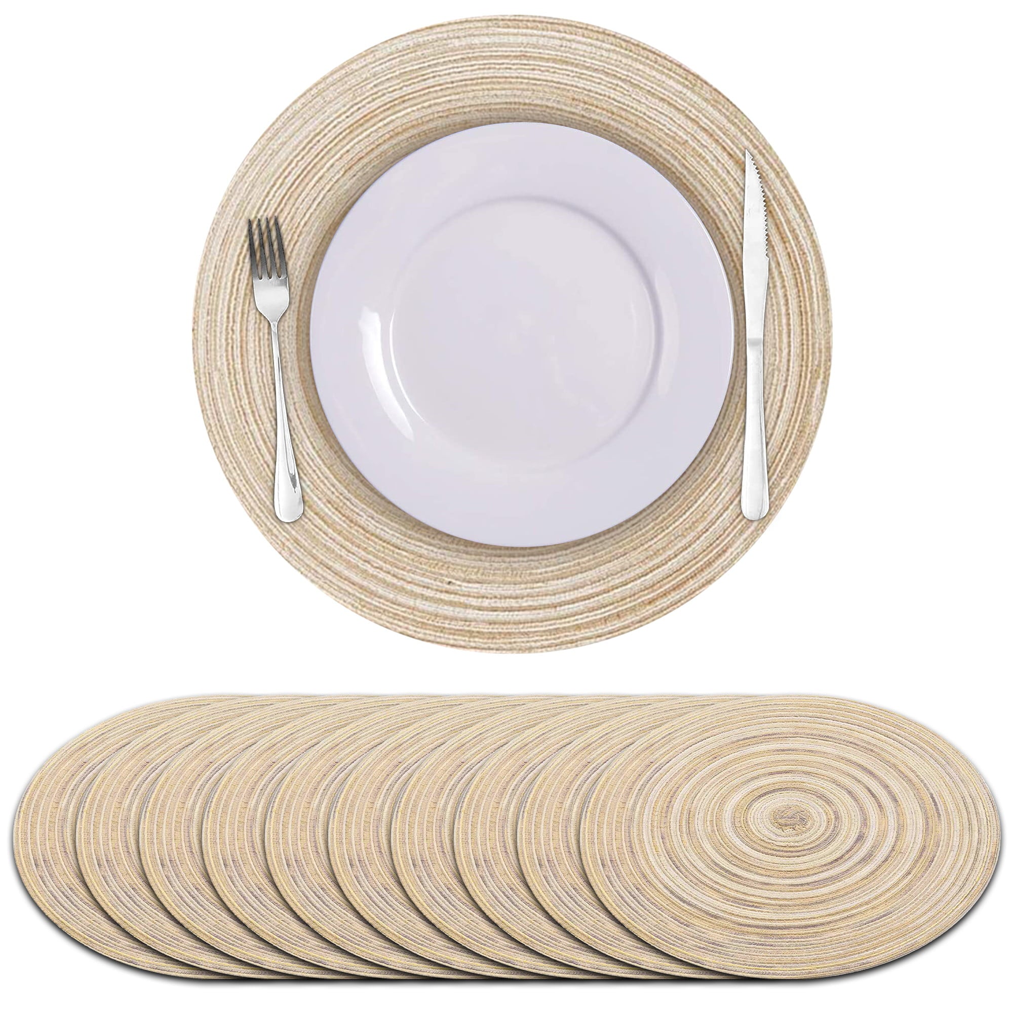 10PCS Round Table Mat， Cotton Linen Woven Placemats， Easy to Clean Kitchen Decor Pad，Heat Resistant，Anti-Skid Dining Mat，Washable 15 Inches，Beige