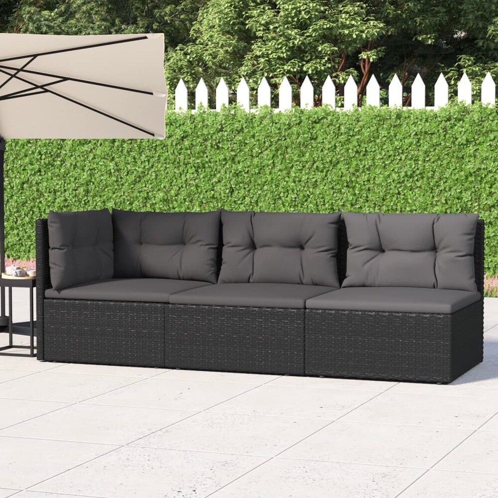 vidaXL 3 Piece Patio Lounge Set with Cushions Black Poly Rattan   21.3\