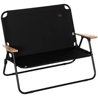 Outsunny Double Black Folding Chair Loveseat Camping Chair for 2-People Portable Outdoor Chair with Wooden Armrests 84B-859BK