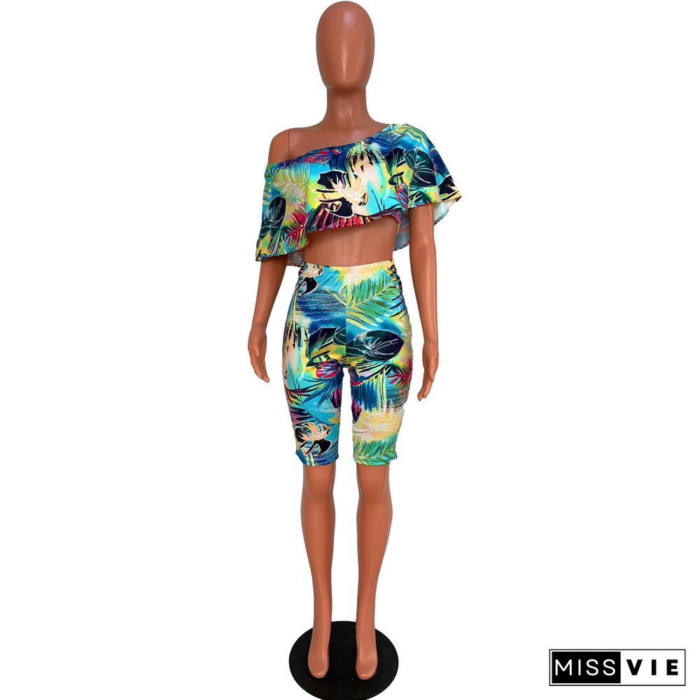 Sexy Off Shoulder Printing Ruffles Shorts Suits 2 Pieces