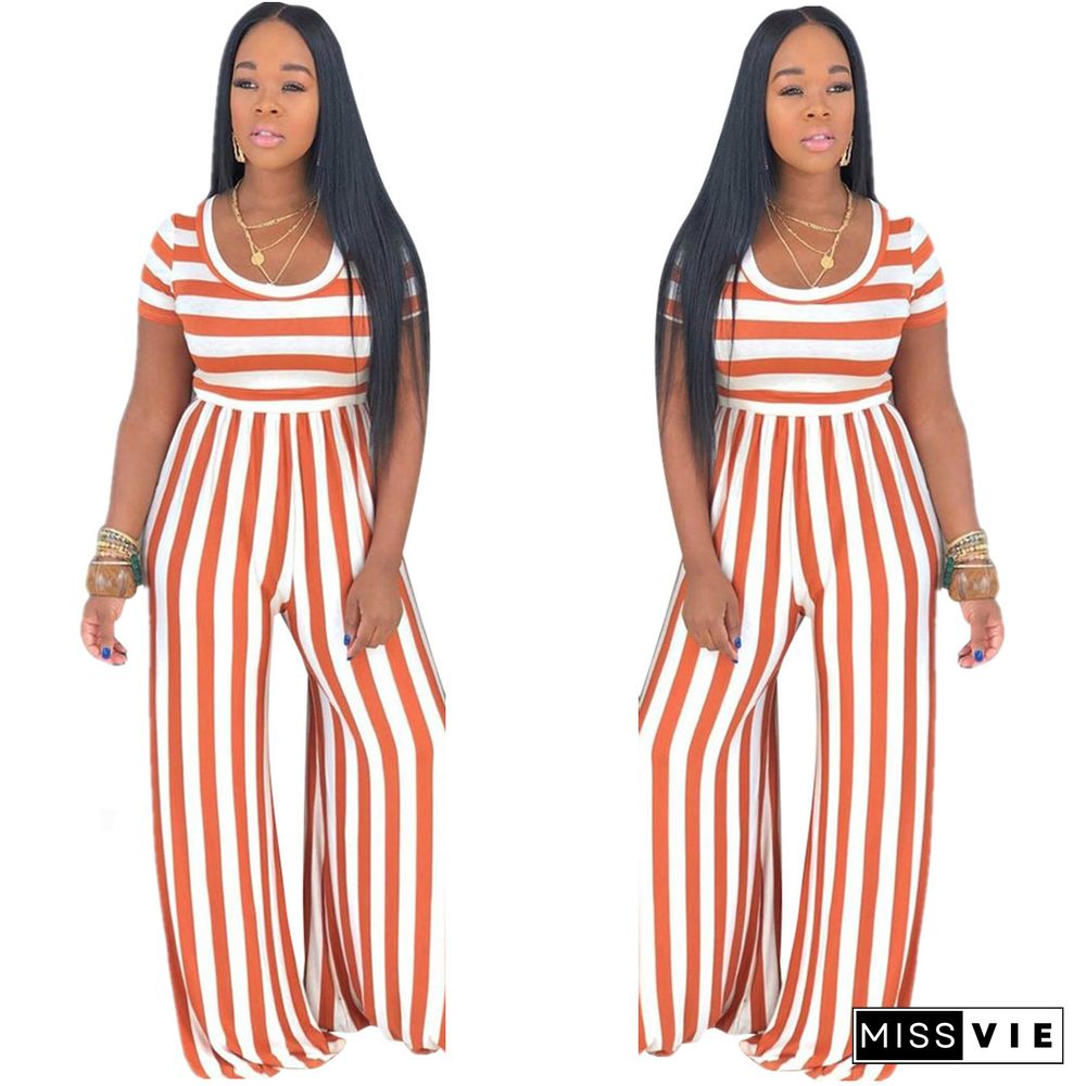 Striped Print Short Sleeve Wide Leg Jumpsuit