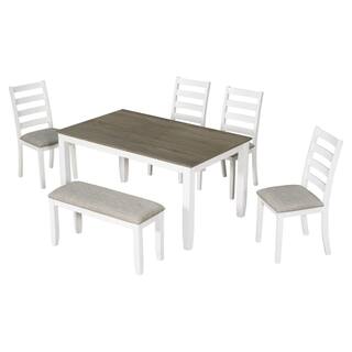 Harper  Bright Designs Rustic Style 6-Piece White Solid Wood Dining Set with 4-Upholstered Chairs and Bench XW033AAD