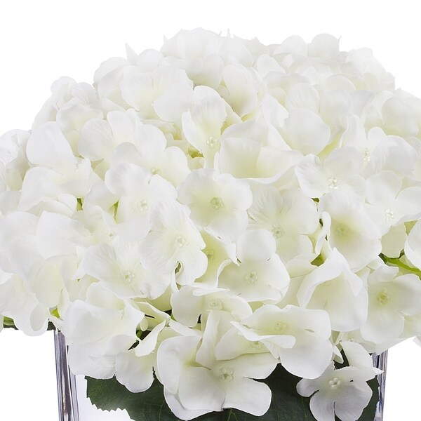 Enova Home Artificial Silk Hydrangea Fake Flowers Arrangement in Cube Glass Vase with Faux Water for Home Office Wedding Decor