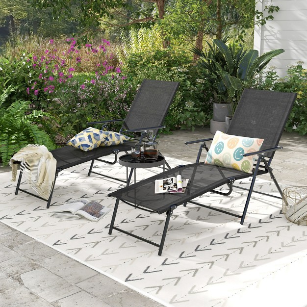 Costway 2 Piece Patio Folding Chaise Lounge Chairs With 6 level Backrest Reclining Chairs Tan black grey