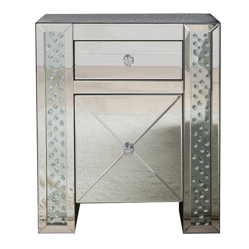 Wood and Mirror Nightstand with Crystal Inserts， Silver