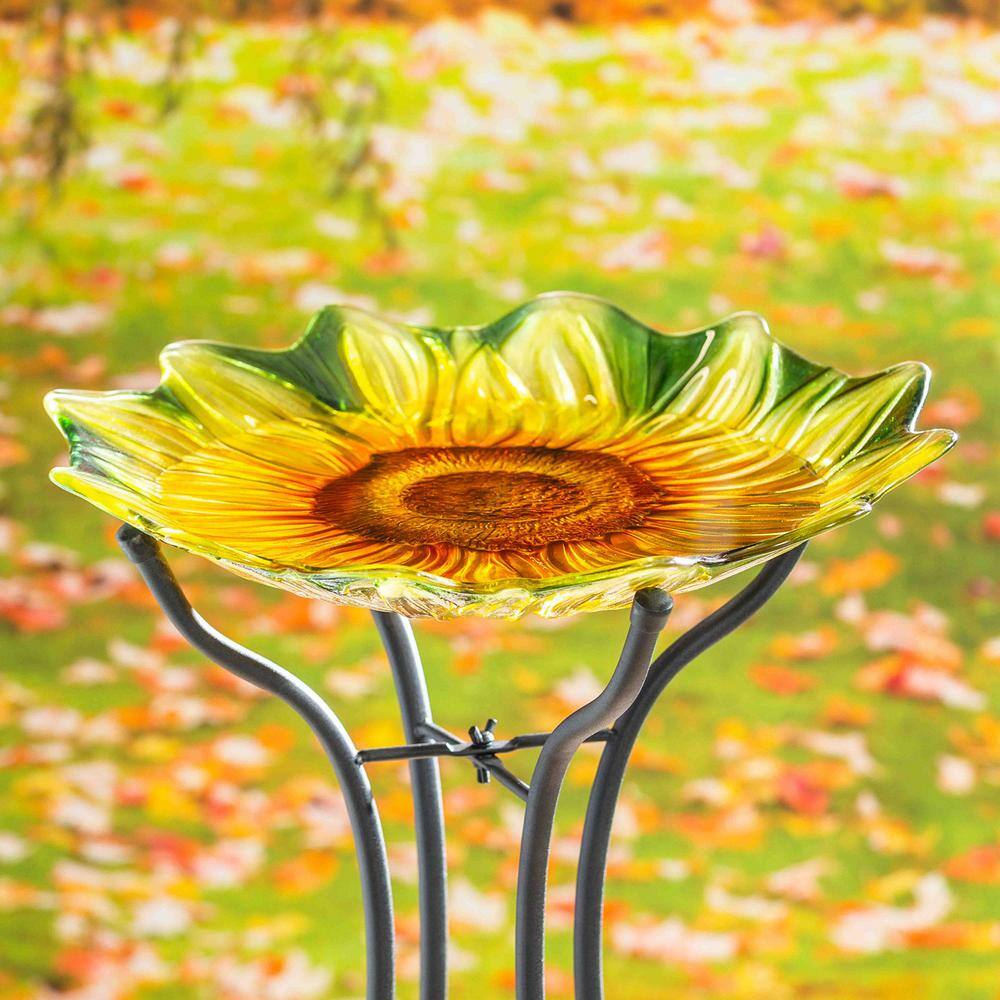 Evergreen 18 in. Sunflower Hand Painted and Embossed Shaped Glass Bird Bath 2GB7019