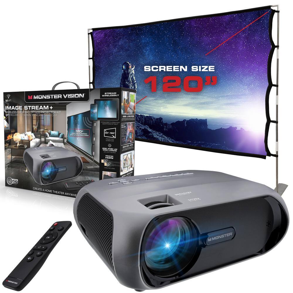 Monster Vision 1920 x 1080p LCD TFT Technology Home Projector Kit with 2000 Lumens Comes With 120 Inch ScreenCarrying Case MHV1-1052-GUN