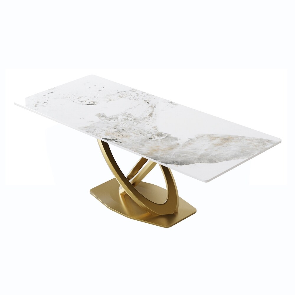 Modern Sintered Stone Dining Table Minimalist Artificial Marble Rectangular Table Top + Gold X cross Shaped Base