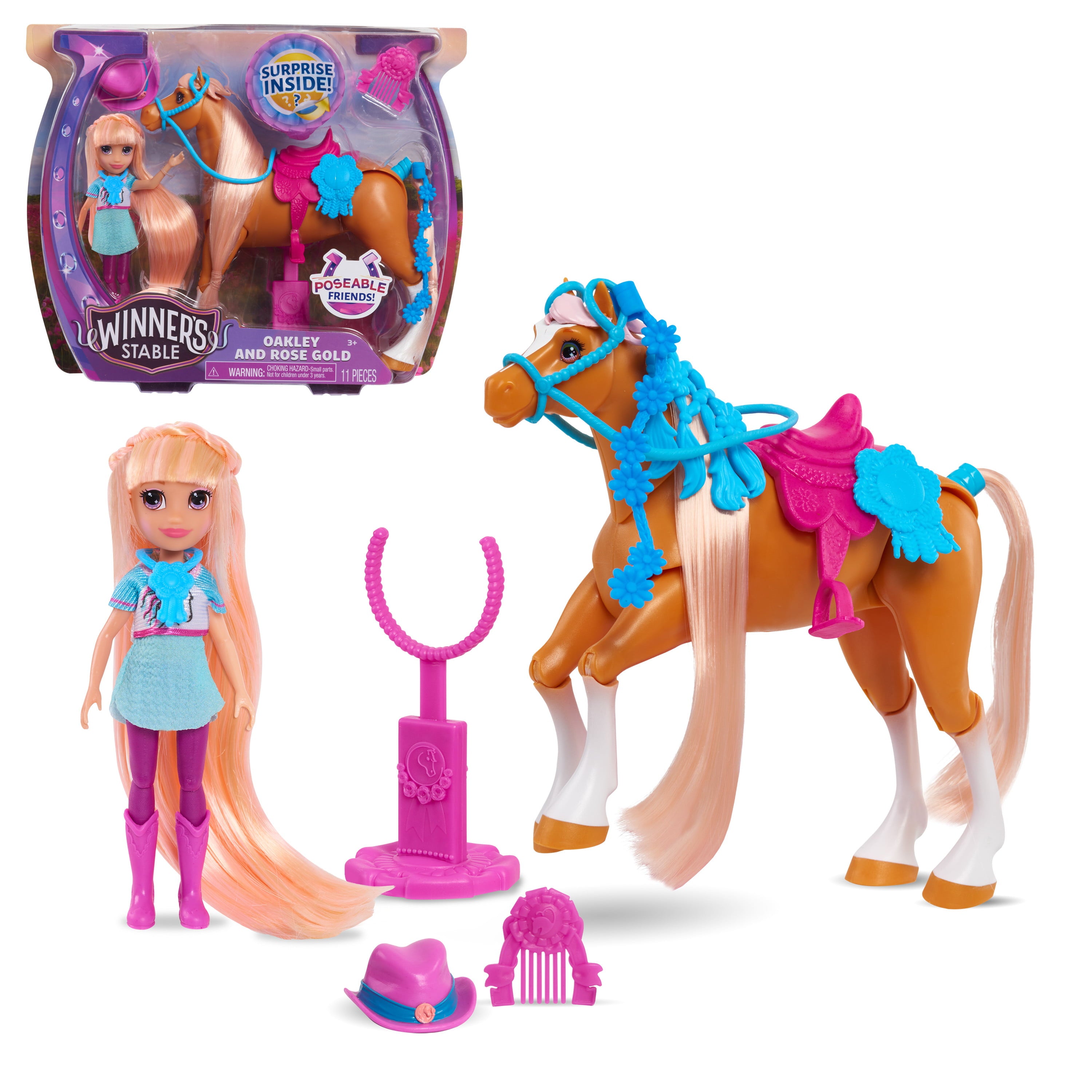 Winner's Stable Doll and Horse 11-Piece Set, 5-Inch Oakley Articulated Small Doll and 7-Inch Rose Gold Articulated Horse,  Kids Toys for Ages 3 Up, Easter Basket Stuffers and Small Gifts