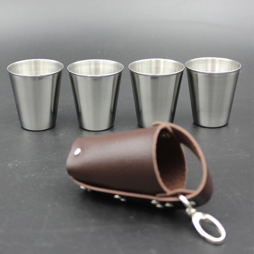 4pcs 70ml Steel Wine Glasses Portable Beer Key Chain Outdoor Cup Camping Whiskey Travel Set