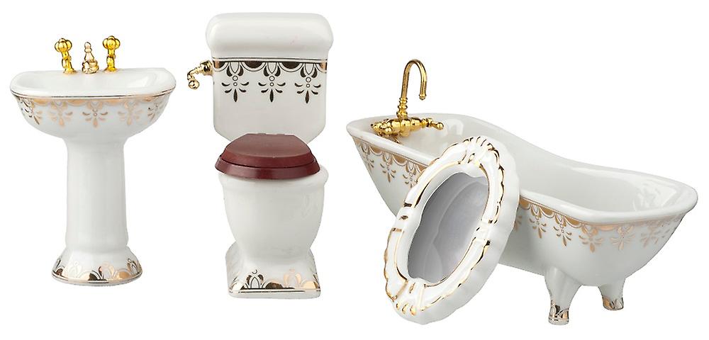 Dolls House White And Gold Bathroom Suite Porcelain Miniature Furniture Set