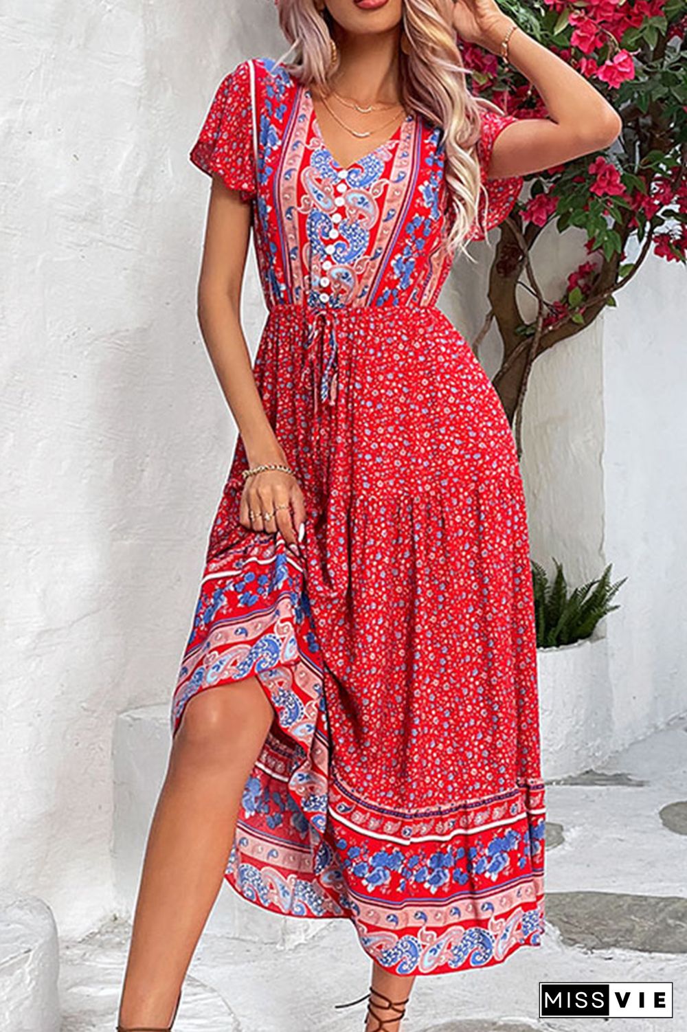 Red Floral V Neck Buttoned Bohemian Maxi Dress