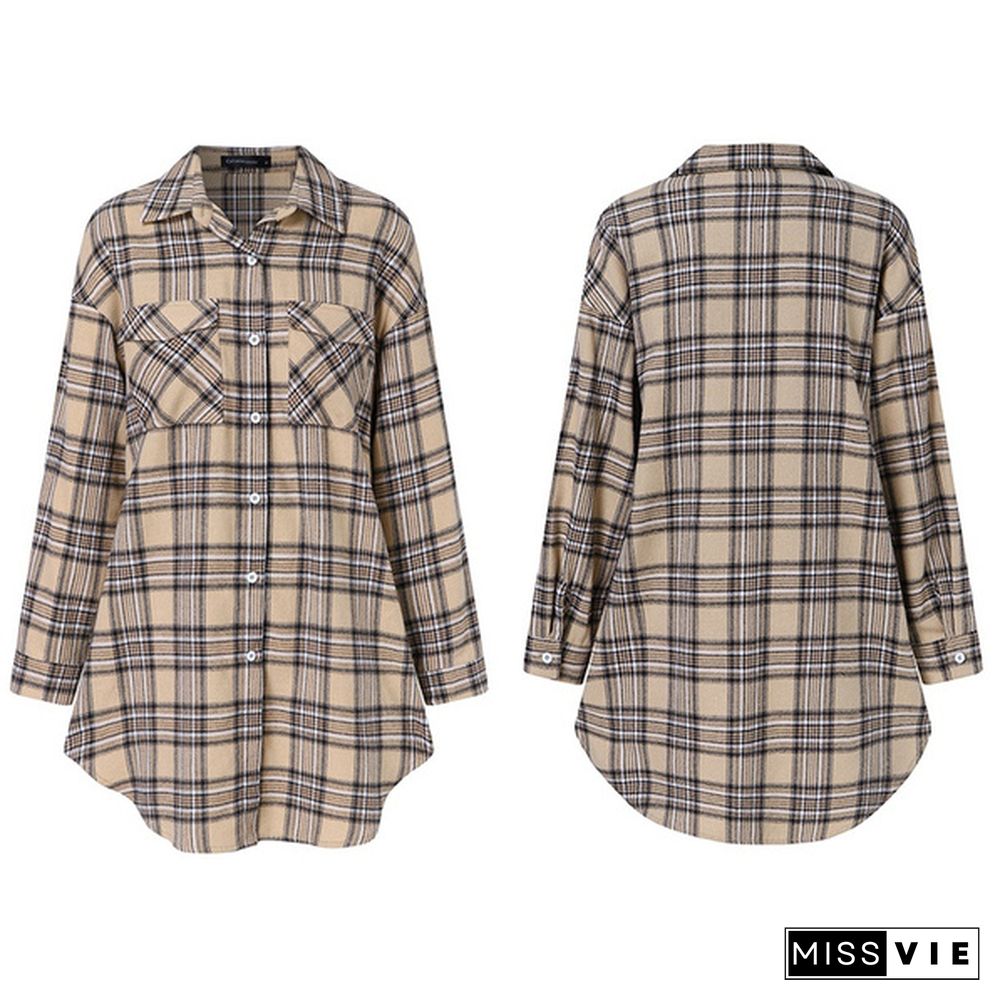 Women Plaid Long Shirt Dress Lapel Collar Long Sleeve Pockets Casual Loose Blouse Plus Size Tops