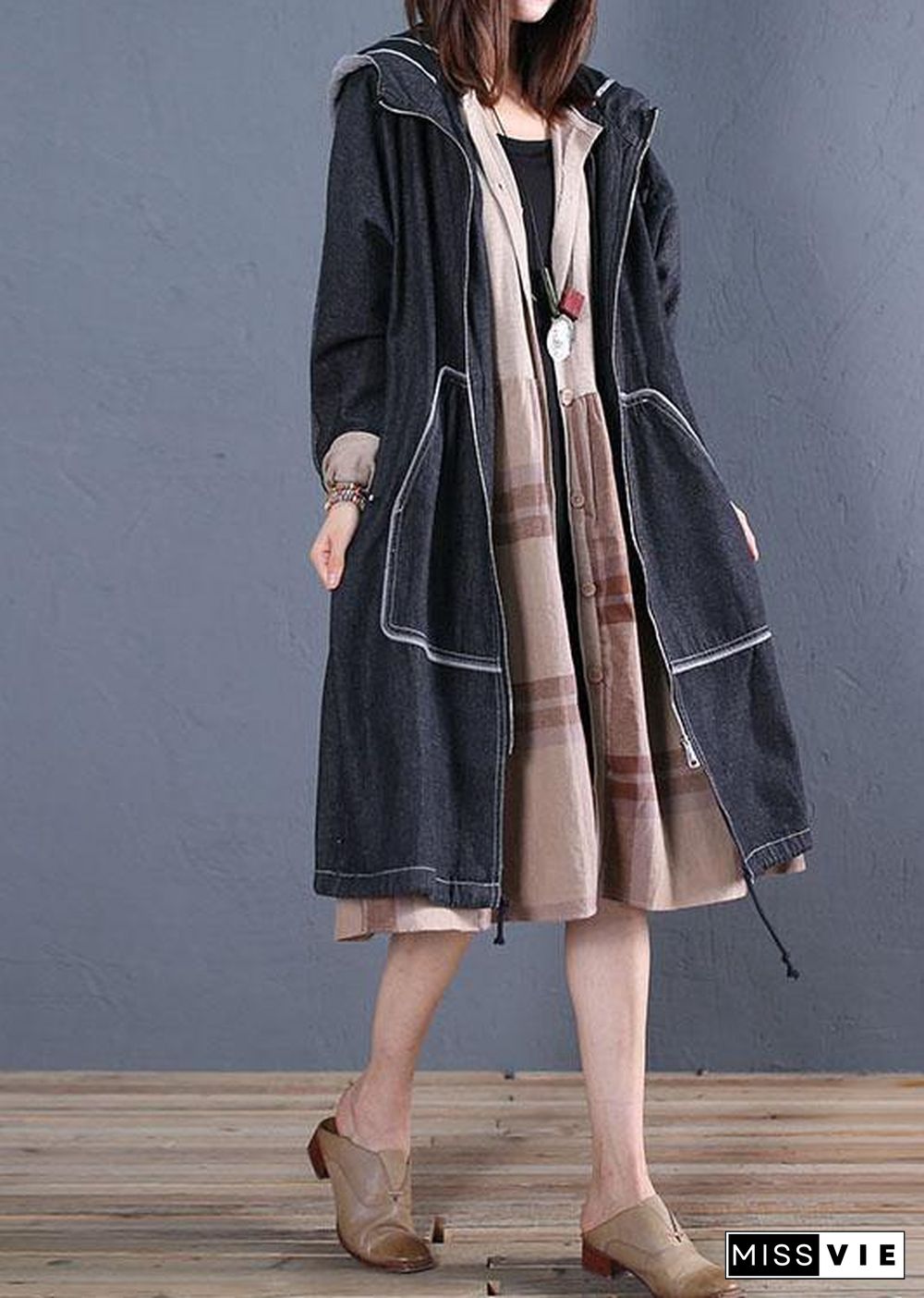 Fashion plus size trench coat fall black hooded overcoat