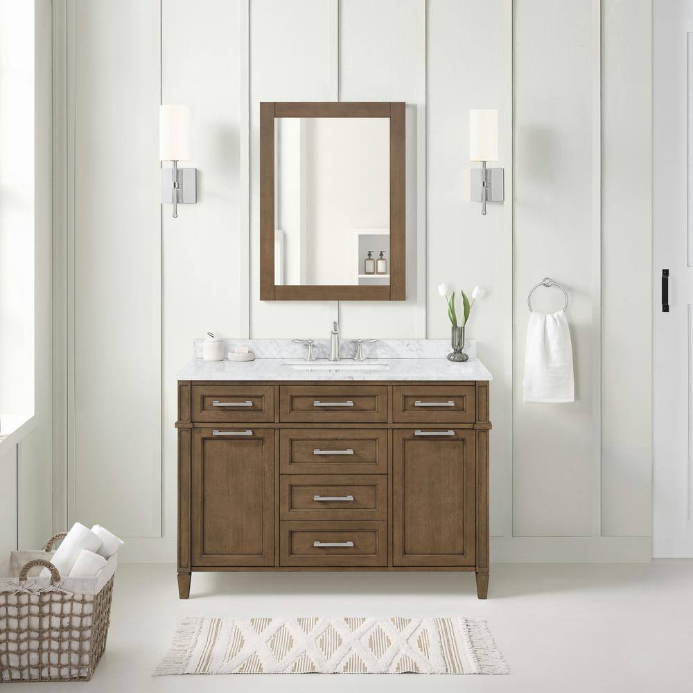 Home Decorators Collection Caville 48 in. W x 22 in. D x 34.50 in. H Bath Vanity in Almond Latte with Carrara Marble Top Caville 48AL