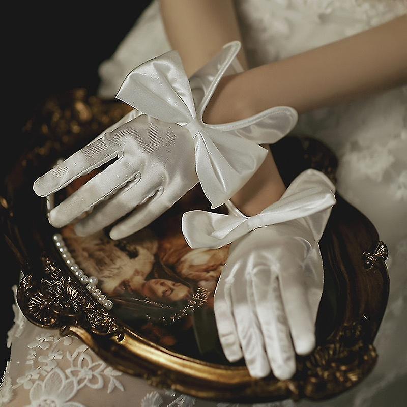 Women Short Thin Bow Satin Gloves Banquet Party Wedding Bridal Dance Colorful Mittens2setwhite + Black