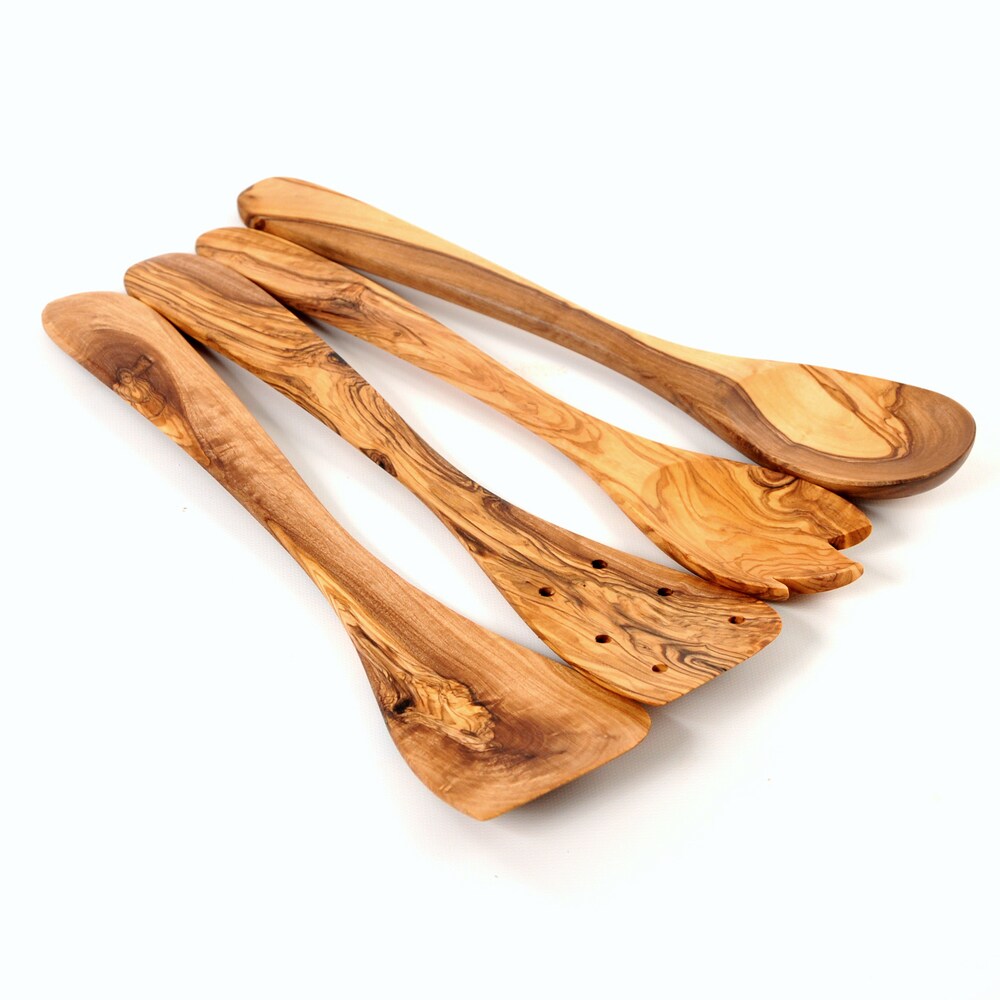 Handmade Olive Wood Kitchen Utensil Set of 4 (Spoon  Spork  Pierced Spatula  Spatula)