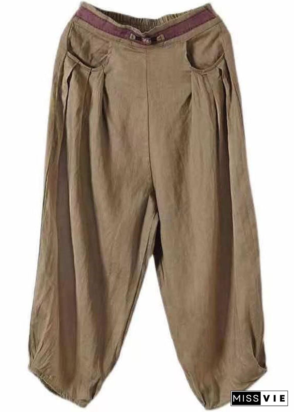 Khaki Pockets Patchwork Linen Crop Pants Elastic Waist Summer