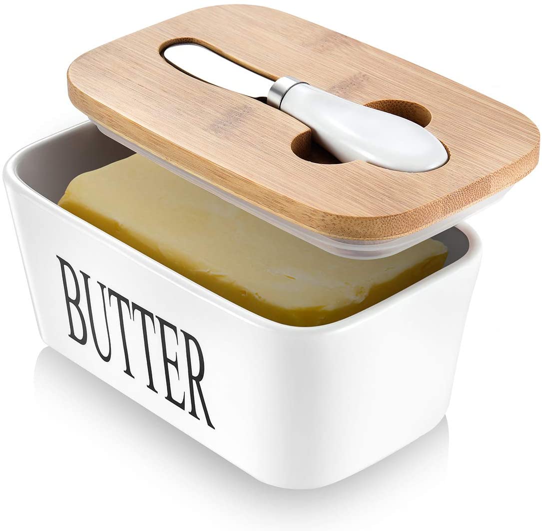 Large Ceramic Butter Dish with Lid for Countertop Fridge Butter Keeper Container with Knife and Silicone Seals