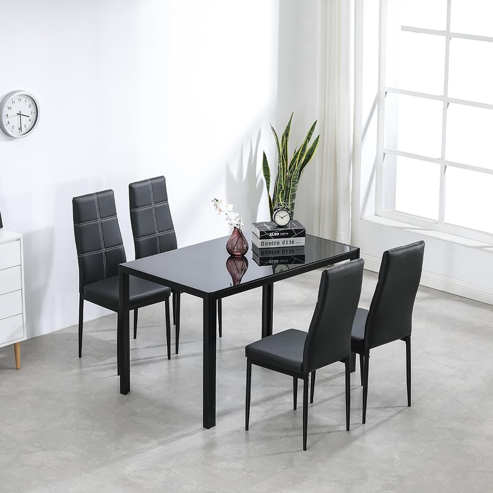 Ktaxon 5 Pieces Dining Room Set Tempered Glass Dining Table with 4 Chairs Dining Room Kitchen Furniture Black