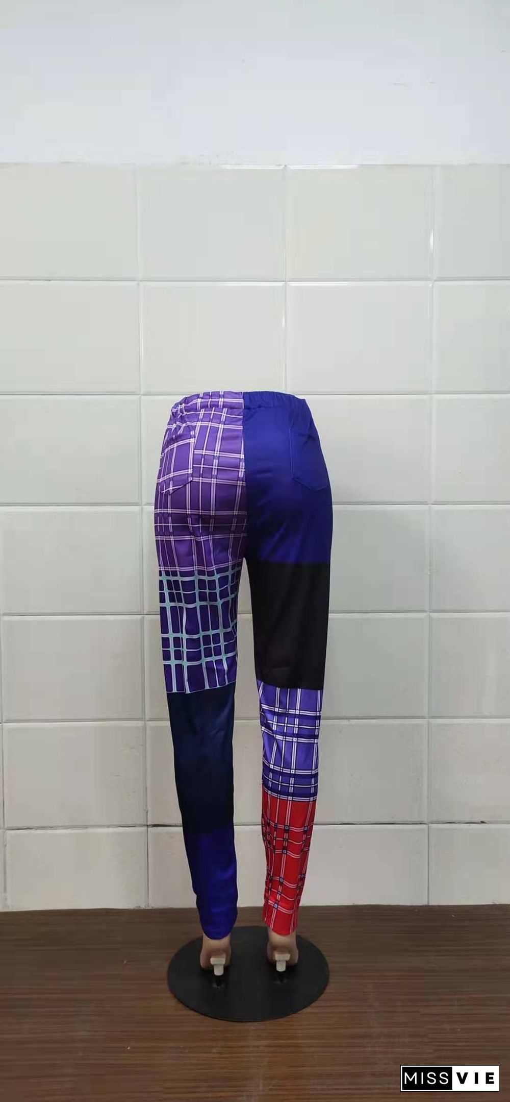 Plaid Print Patchwork Mid Waist Straight-Leg Pants