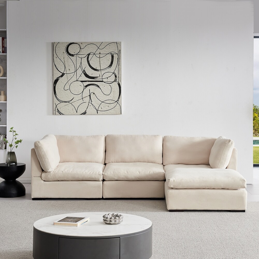 Modular L Shaped Sectional Sofa  Soft Linen Fabric Upholstered Sofa  Filled with Down Sofa with Ottoman for Living Room