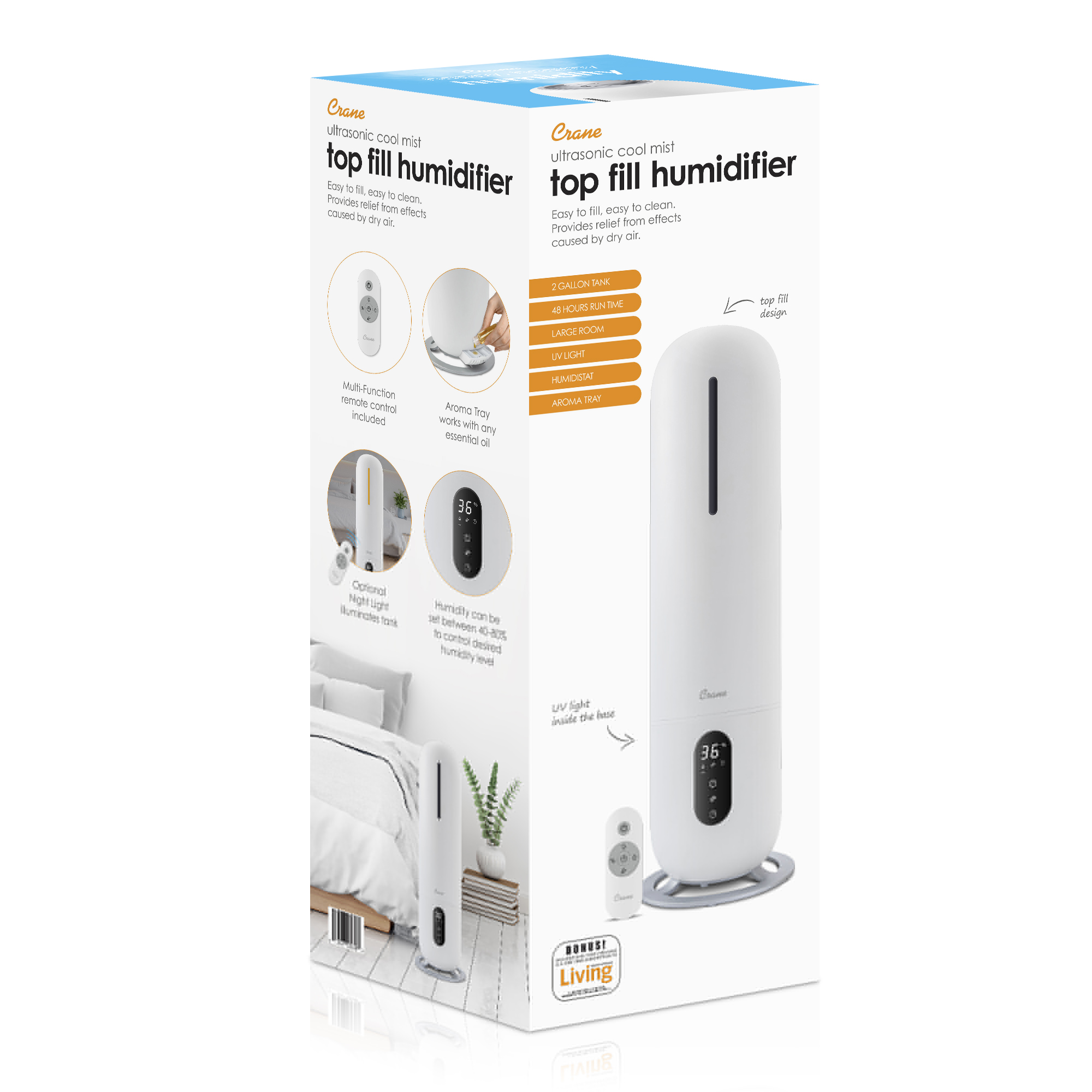 Crane USA Cool Mist Tower Top Fill Humidifier with Remote， 2 Gallons， 500 Sq. ft Coverage， UV Ionizing Light， White