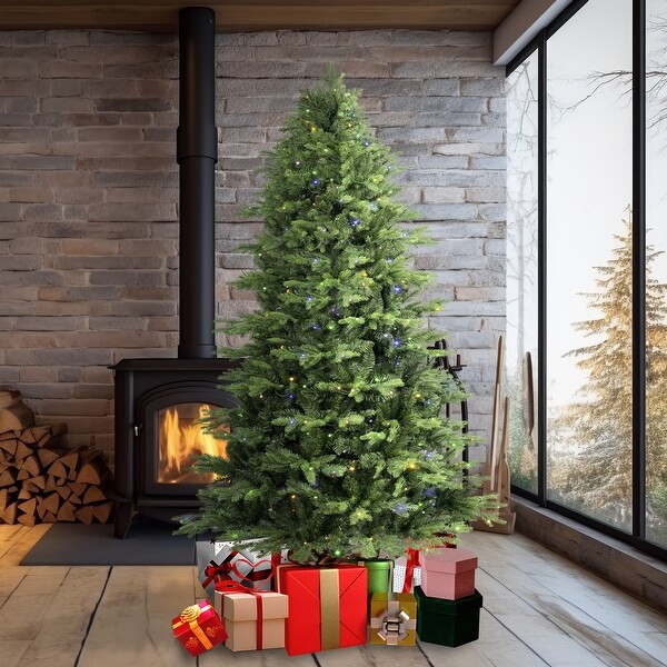 6.5ft Artificial Christmas Tree Prelit PEandPVC with Metal Stand，450 BiColour LED Lights，1791 Branch Tips Green