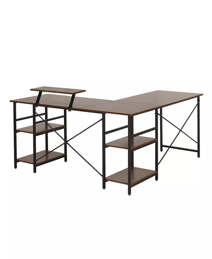 Techni Mobili Wood L-Shape with Storage Shelves Industrial Desk