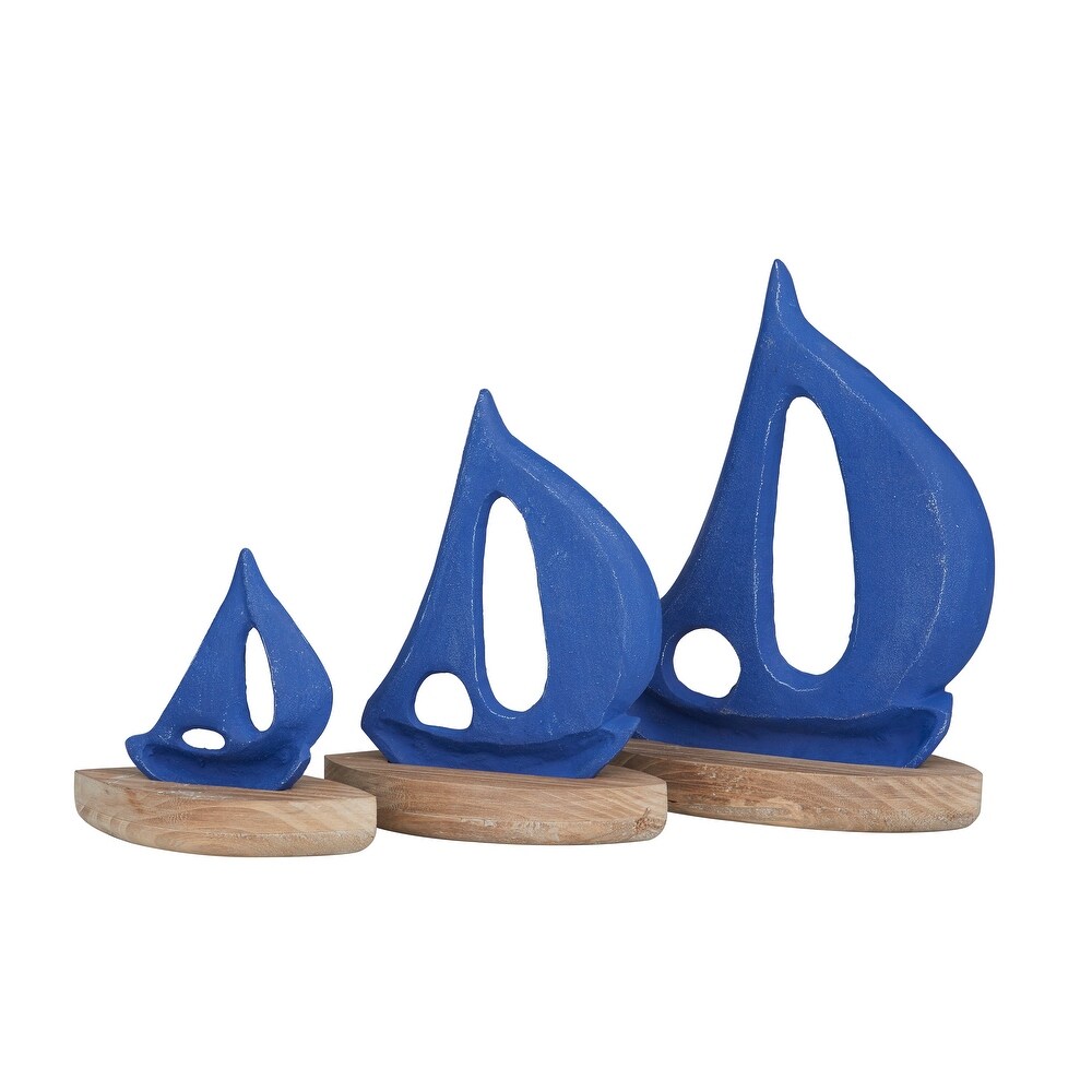 White or Blue Wood Sail Boat Sculpture with Wood Base (Set of 3)   S/3 11\