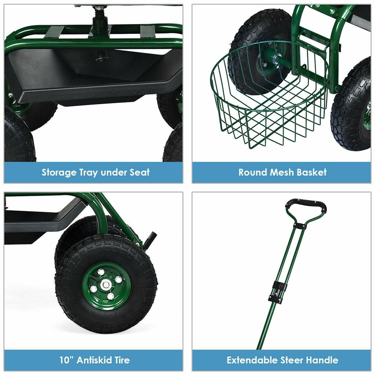 Heavy Duty Rolling Garden Cart with 360 Swivel Seat & Extendable Steer Handle