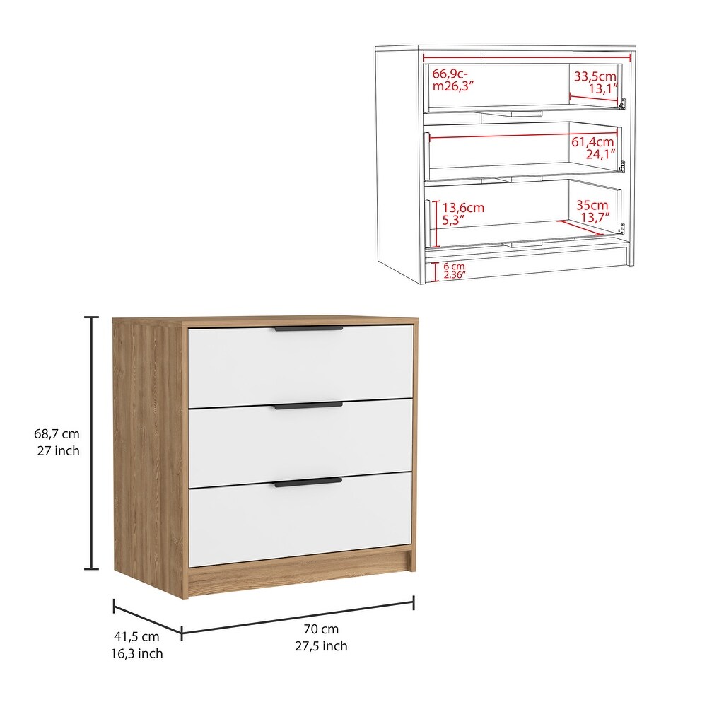 Pinewood 3 Drawers Dresser  Light Oak Frame with White Drawers and Superior Top for Living Room  Bedroom