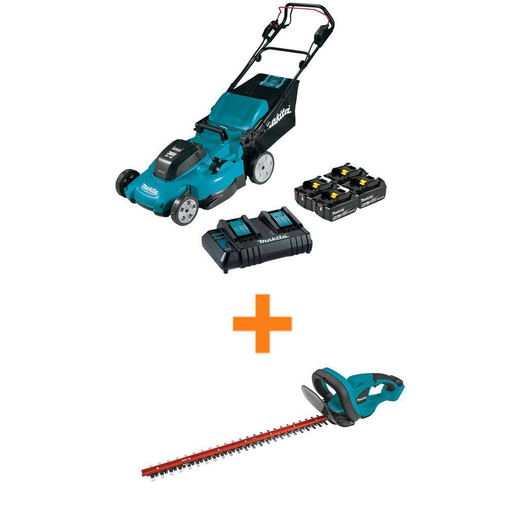 Makita 18-Volt X2 (36V) LXT Cordless 21 in. Self-Propelled Lawn Mower Kit (4 batteries 5.0Ah) with bonus 22 in. Hedge Trimmer XML11CT1-XHU02Z