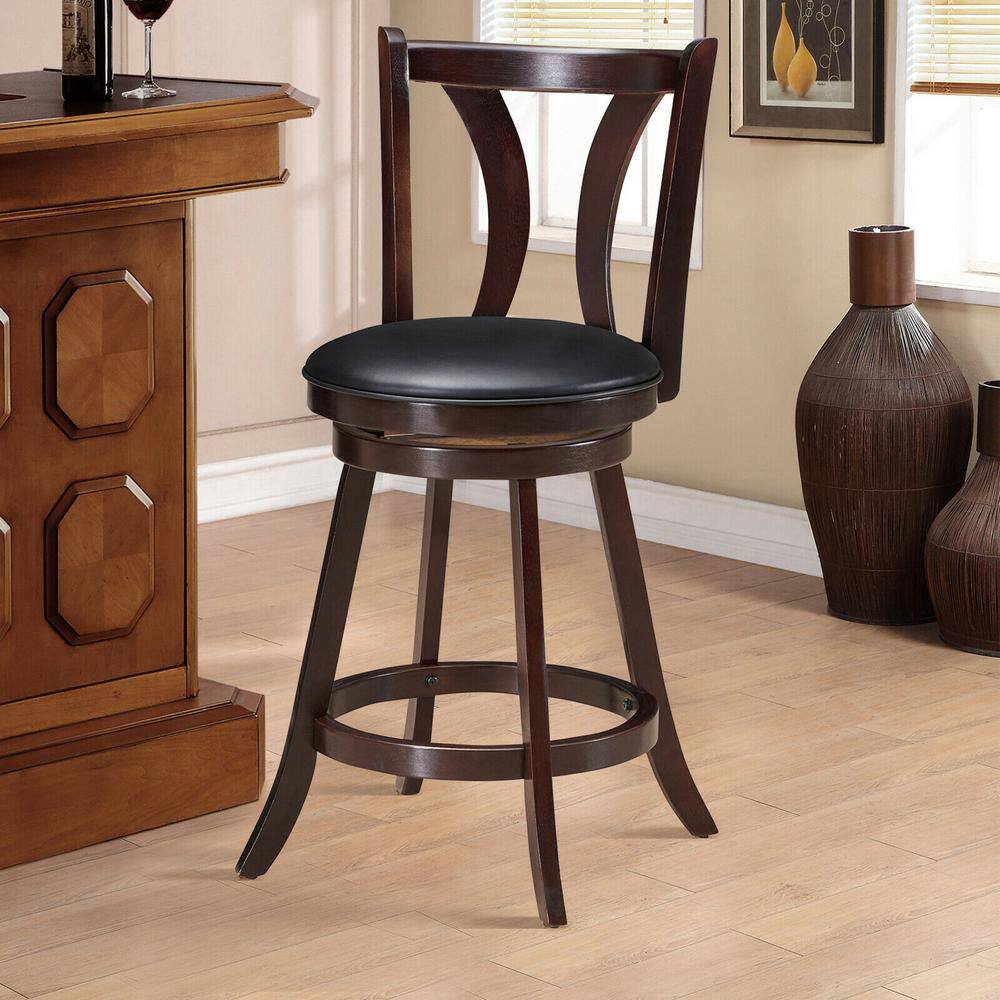 Gymax Swivel Bar Stool 38 in. High Back Wood Counter Height Leather Padded Dining Kitchen Chair (Set of 4) GYM06213