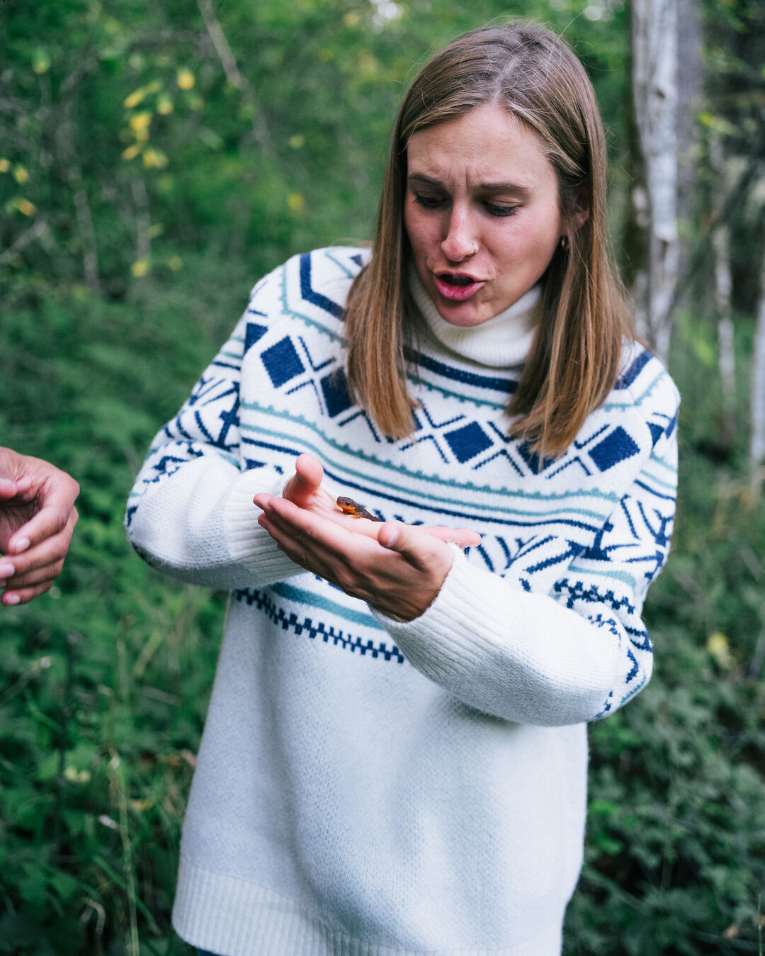 Whimsical Recycled Oversized Polo Neck Knitted Jumper - Homespun Stripe Off White