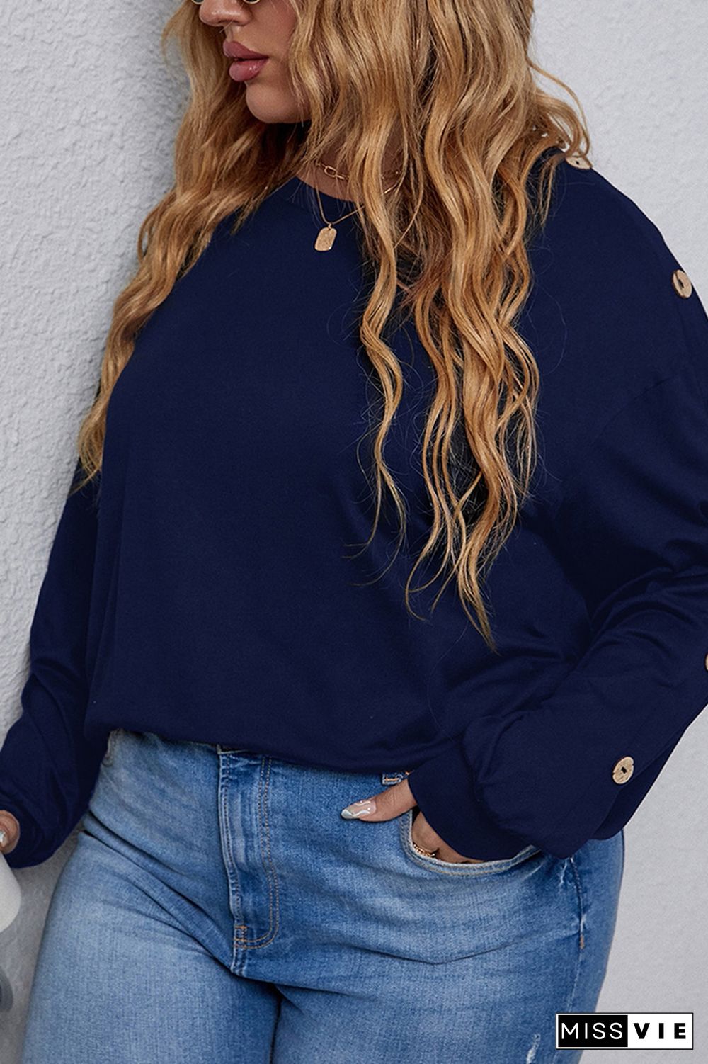 Plus Size Button Sleeve Plain Top