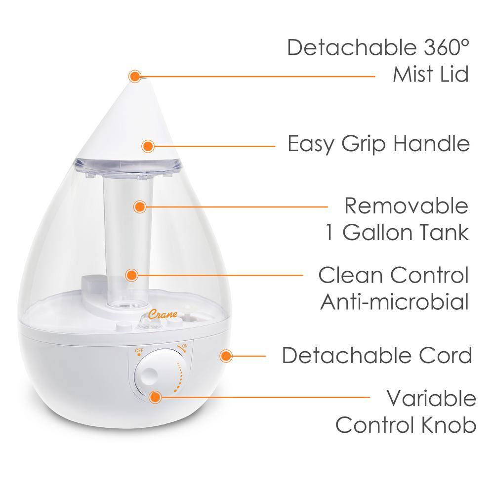 Crane 1 Gal. Drop Ultrasonic Cool Mist Humidifier for Medium to Large Rooms up to 500 sq. ft. - ClearWhite EE-5301CW