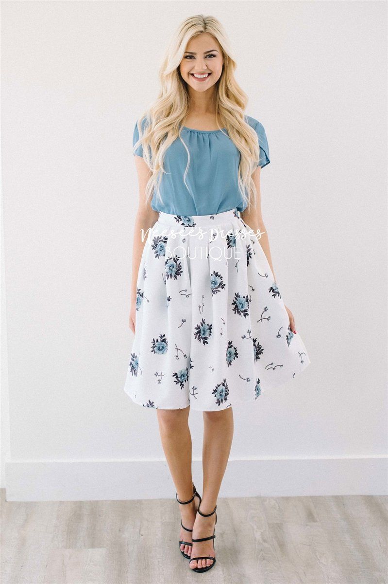 White & Dusty Blue Floral Pocket Skirt