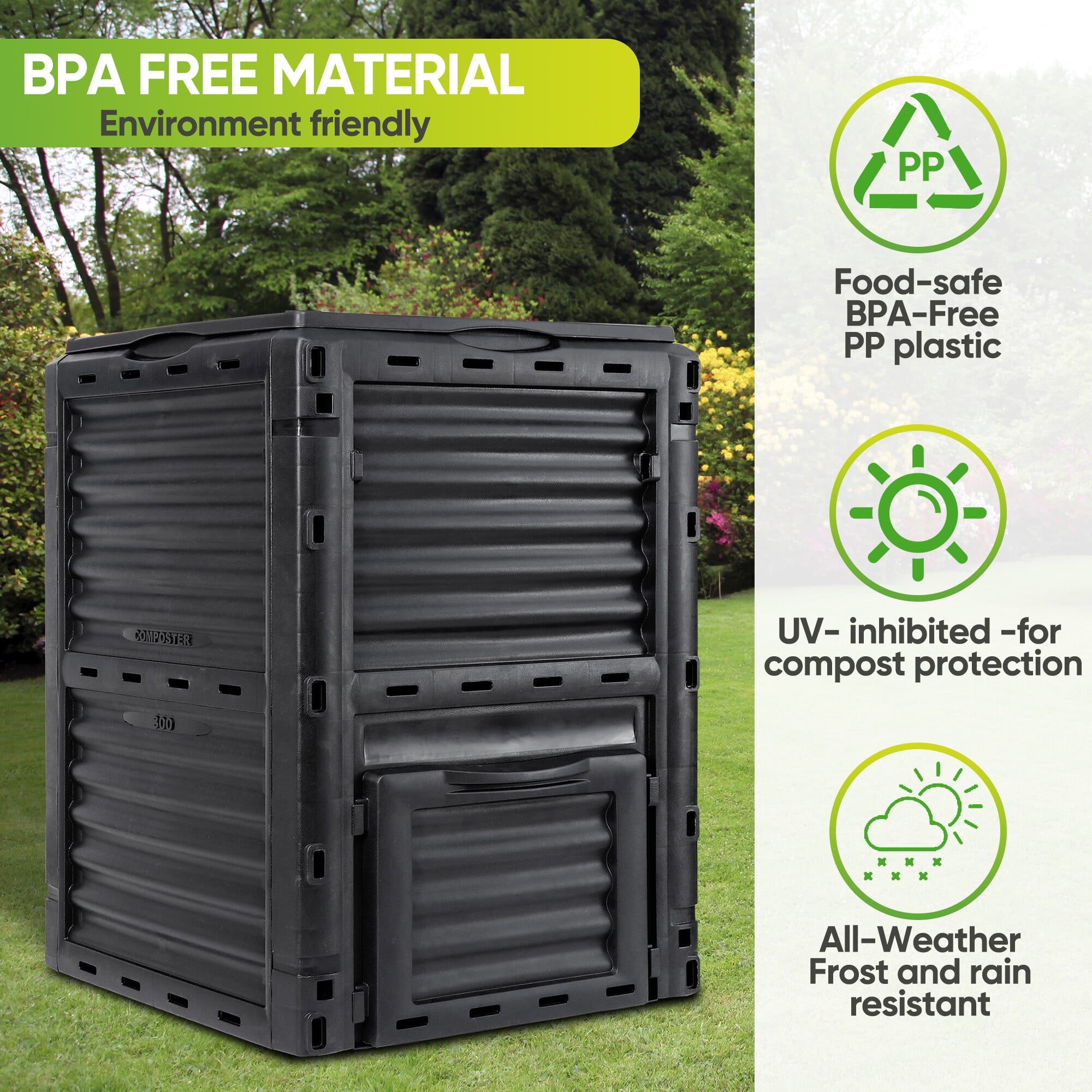 HomGarden Composter Bin 80Gal (300L) Large Composting Tumbler Outdoor, BPA-Free, Black